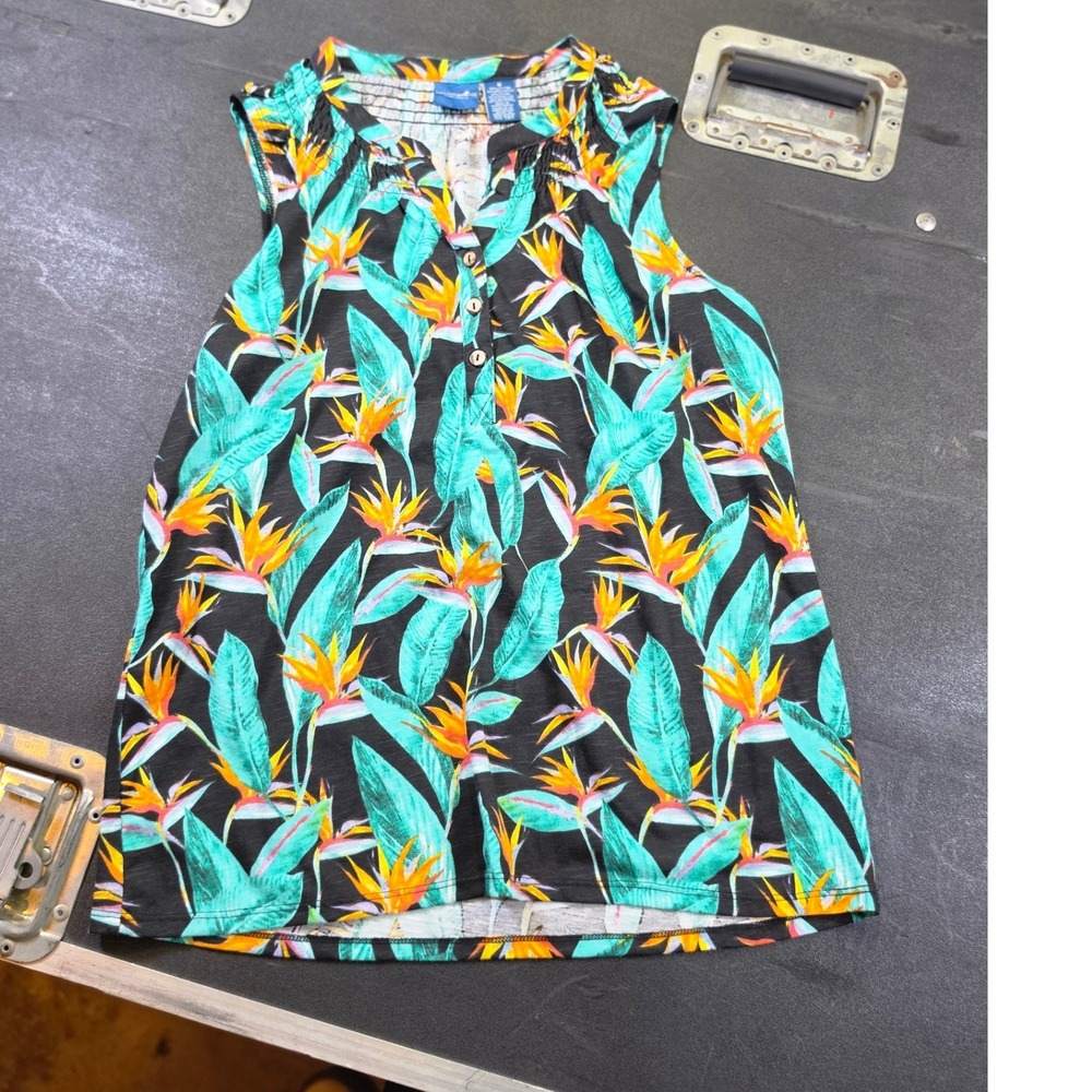 Caribbean Joe Sleeveless Tropical Bird of Paradise Print Tank Top Black Medium